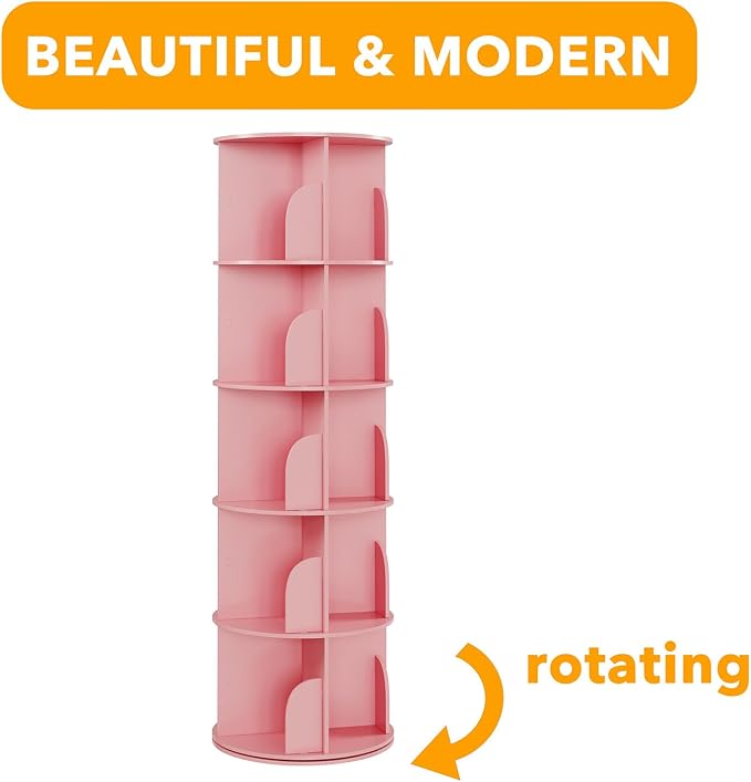 SpaceAid 5 Tier Rotating Bookshelf Tower, Spinning Bookcase Lazy Susan, Revolving 360 Book Shelf Storage Round Carousel, Vertical Rotate Turning Spiral Corner Organizer, Pink