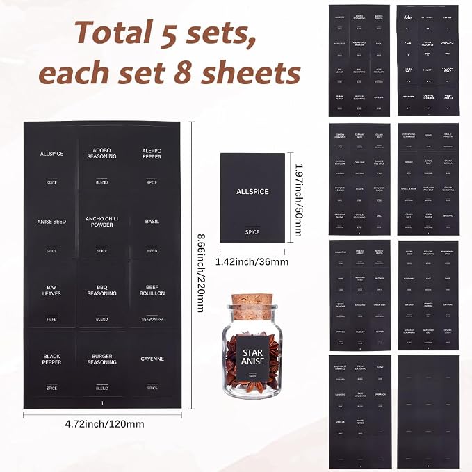 480Pcs 5 Sets 2 x 1.5In Black Spice Jars Labels Stickers Preprinted Waterproof Spice Bottle Stickers Rectangle Oil Resistant Labels for Kitchen Pantry Home Laundry Bathroom Organization