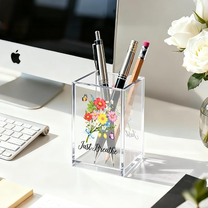 Just Breathe Acrylic Cosmetic Organizer Pen Holder, Motivational Acrylic Desk Holder Cup for Pen Pencil, Inspirational Office Gifts for Coworker Leader, Mental Health Gifts for Anxiety Friend
