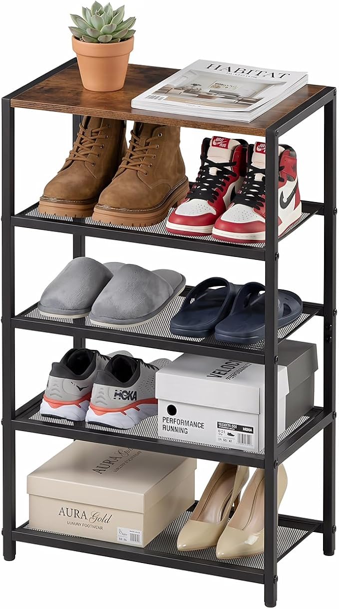 Tall Narrow Shoe Rack for Entryway Closet,5-Tier Shoe Storage Shelf | Small Vertical Shoe Organizer Wood, Sturdy Metal Mesh Shelves, Wooden Table Top, Holds 10 Pairs, for Front Door Entrance