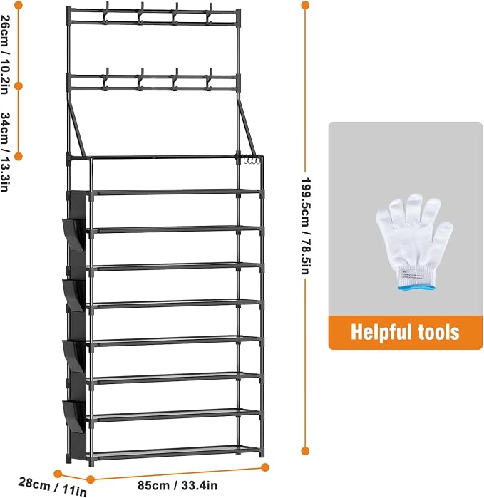 OYREL Shoe Rack 8 Tier Large Shoe Organizer Storage 32-40 Pairs | Metal Shoe Storage Rack with Hooks and Side Pocket for Entrance Entryway Closet Shoe Shelf Holder