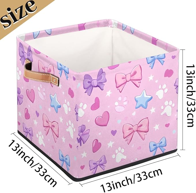 TropicalLife Paw Pink Bow Storage Cube, 13 Inch Fabric Cube Storage Organizer Bin for Shelves Clothes, Decorative Foldable Storage Boxes