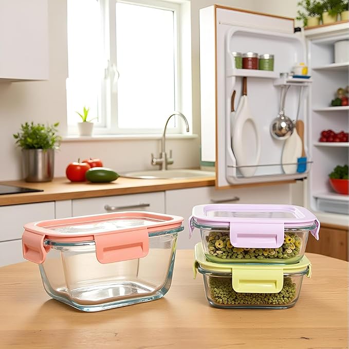 8 Pcs Square Glass Food Storage Container with Lids, 16OZ Square Glass Meal Prep Containers Set, 2 Cup glass Food Storage for Lunch Salad, Microwave, Oven, Freezer, Dishwasher Safe (4 Pack)