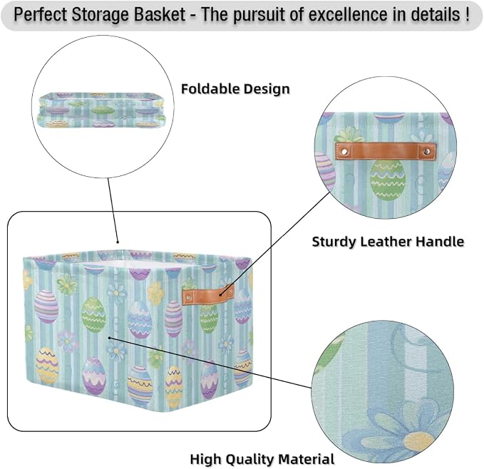 Rectangular Storage Bins Easter Egg Flower Stripes Collapsible Fabric Storage Basket Organizer with Handles for Nursery Bedroom Bathroom