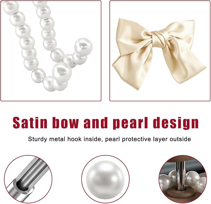 2 PCS Bow Pearl Car Seat Headrest Hook, Car Seatback Hanging Organizer Elegant Pearl Purse Hanger, Cute Bow Vehicle Interior Headrest Storage Hook for Handbag Purse Coat (Beige)
