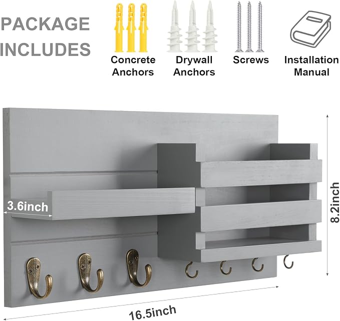 Lwenki Mail Organizer for Wall Mount – Key Holder with Shelf Includes Letter Holder and Hooks for Coats, Dog Leashes – Rustic Wood with Flush Mounting Hardware (16.5” x 8.7” x 3.5”) (Gray)