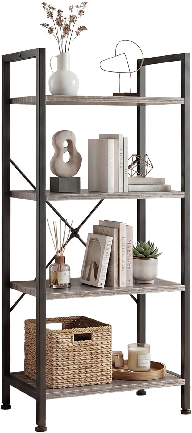 DUMOS 4 Tiers Open Bookshelf, Classic Freestanding Tall Display Shelf | Multifunctional Storage Organizer Rack for Living Room Home Office, Sturdy Bookcase for Books/Movies, Wood Grey