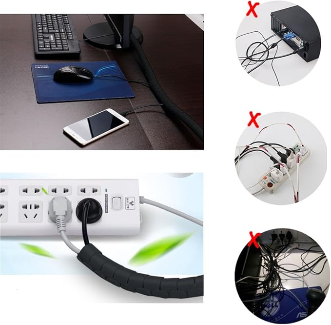 Black Computer Cable Management Wire Cover Electrical Cord Hider Solutions 2 PCS, VIWIEU Tangle Sprial Cable Tube with 4 Adhesive Cable Clips for TV Laptop Floor Home & Office