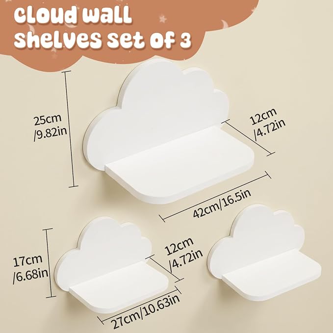 Floating Cloud Shelves,Set of 3 Wall Mounted White Wavy Shelves | White Wall Shelf Floating Wooden Wall Mounted Shelves Clouds Dispaly Shelf for Kid’s Room,Toys, Plants & Storage