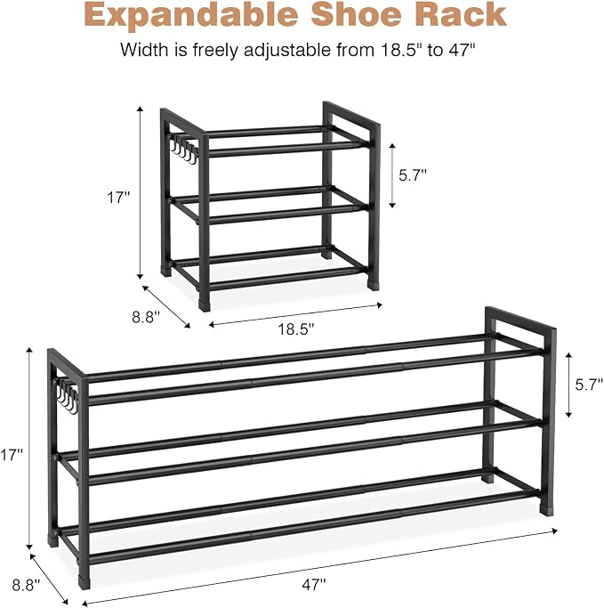 Expandable Shoe Rack - 18.5''- 47'' Adjustable Shoe Rack for Closet, 3 Tier Long Shoe Shelf Storage for 18 Pairs Shoe and Boot, Sturdy Metal Shoe Organizer for Entryway, Garage, Black