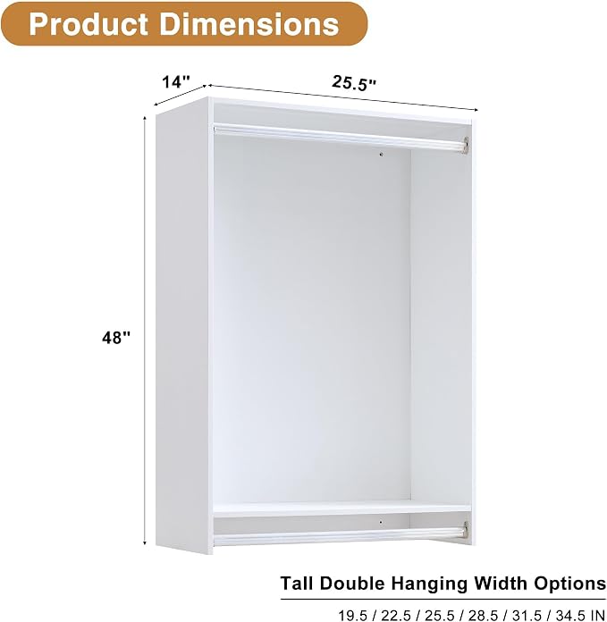 22.5" Double Hanging Closet Module, White MDF Closet Organizer System with 2 Aluminum Hanging Rods, Wall-Mounted Wardrobe Storage for Shirts, Pants, Coats, Bedroom, Walk-In Closet Unit