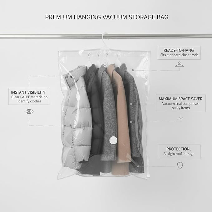 Hanging Vacuum Storage Bags for Closet, Clear Compression Saver for Coats & Suits, Space Saving Organizer (1 Pack)