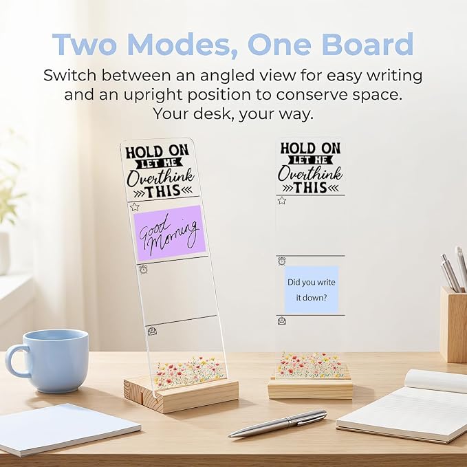 Sticky Note Holder, Monitor Memo Board, Acrylic Post It Note Holder with Wooden Base, Includes 200 Notes, Desk Organizer Overthink Quote