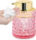 10 Oz Glass Hand Soap Dispenser with Pump, Refillable Bathroom Gold Foaming Soap Dispenser, Vintage Glass Diamond Lotion Container Bottle for Bathroom and Kitchen (1, Pink and Gold)
