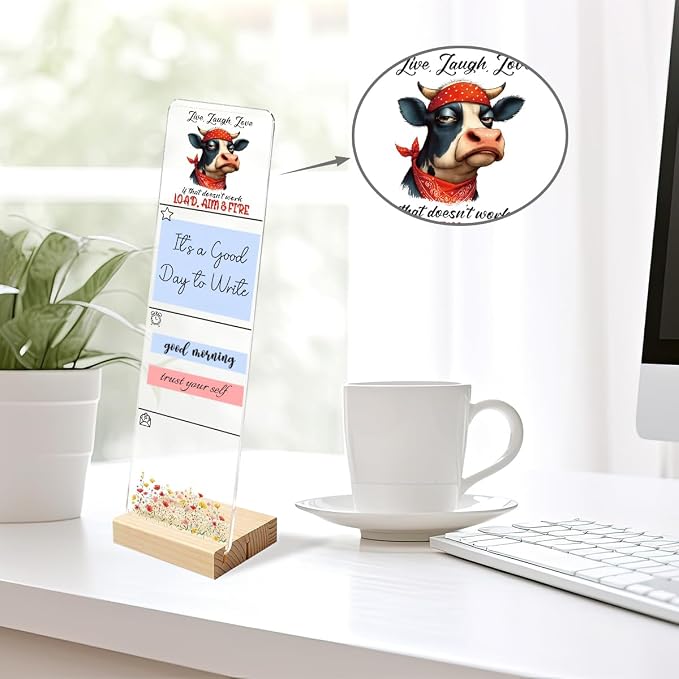 Sticky Note Holder, Monitor Memo Board, Acrylic Post It Note Holder with Wooden Base, Includes 200 Notes, Desk Organizer, Funny Cow Quote “Live Laugh Love Load Aim & Fire”
