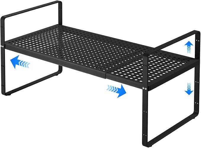 Expandable Kitchen Shelf Organizers, Kitchen Cabinet Organizer Stand Rack Organization for Countertop Cupborad Pantry Spice Rack, Black 1 Pack
