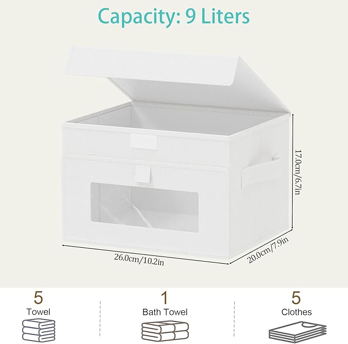 Transparent Window Storage Bin, Cube Organizer Basket with Flip-Top Lid and 2 Handles, Decorative Boxes with Cover, 4 Pack, White, 10.2 x 7.9 x 6.7 In, XSNY17WS-4