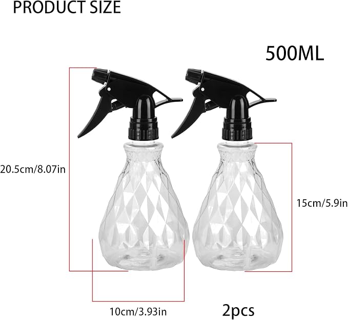wugongshan 2 Pcs Spray Bottles, 500 ml/17 oz Empty Water Spray Bottles, Plastic Reusable Adjustable Mist Sprayer Squirt Bottles Containers Refillable for Cleaning Solutions, Gardening, Plants (Clear)