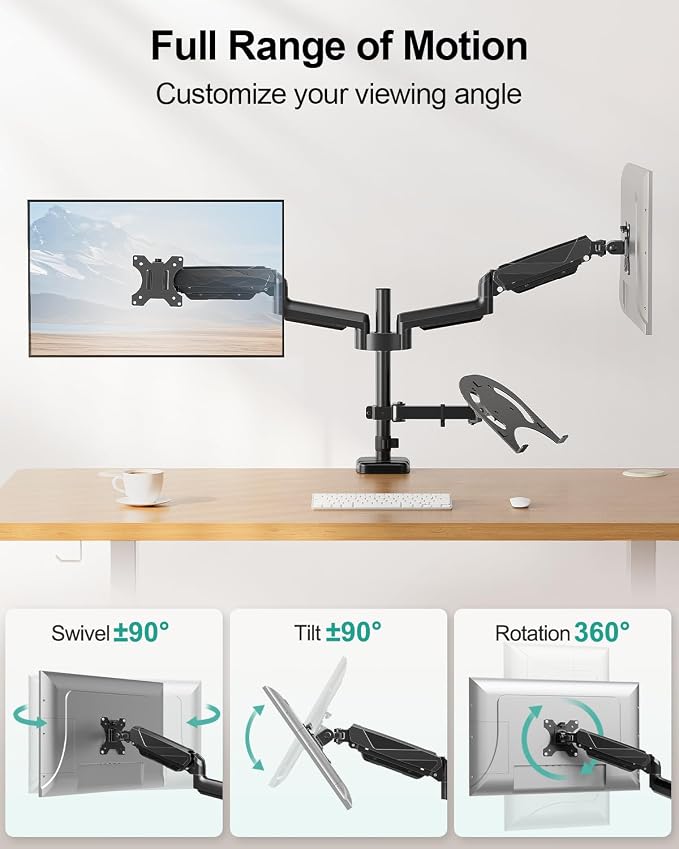 MOUNT PRO Monitor and Laptop Mount for 2 Max 27" Computer Screens, Laptop Tray Fits 10-17inch Notebook, 3-in-1 Adjustable Laptop and Monitor Desk Mount with VESA Bracket 75/100mm