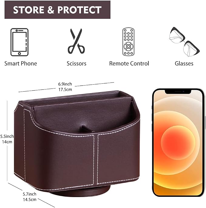360° Rotating Remote Control Holder, PU Leather TV Remote Caddy Organizer Basket Storage Box with 5 Compartments for Pen, Pencil, Art Supplies, Makeup Brush, Office Desk Table Accessories | Nightstand Organizer Storage Box with 5 Compartments for Penci...