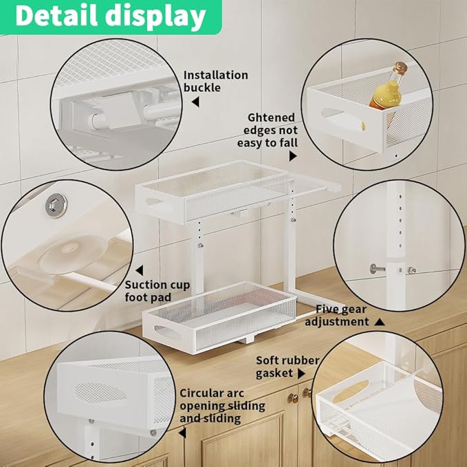 2 Pack Under Sink Organizer and Storage, 2 Tier Pull Out Sliding Cabinet Shelf, 5-Level Height Adjustable Thickened Carbon Steel Storage Rack for Kitchen Bathroom Cabinet,White