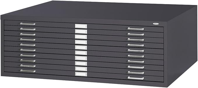Safco Products 4986BL 10-Drawer Flat File for 42" Wide x 30" Long Documents, with Case-Hardened Rollers & Optional Space-Saving Base - Black