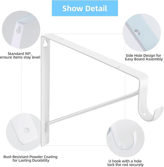 6-Pack Closet Rod Bracket, 10.8x10.8Inch Closet Shelf Brackets Heavy Duty Wall Mounted, Matte White Steel Closet Rod Support Brackets Holder, 300 Lbs Load Capacity with Anchors Screws
