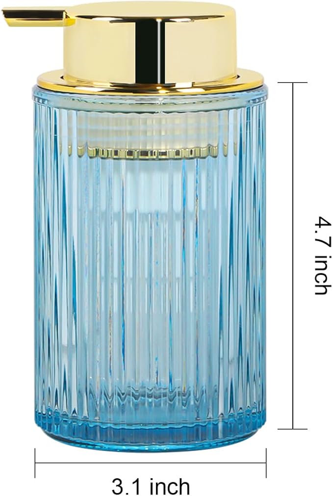 Foaming Soap Dispenser, 12 Oz Blue Glass Foam Hand Soap Dispenser, Refillable Lotion Soap Dispenser with Removable Pump for Kitchen Hand Wash Dispenser, Modern Slim Ribbed Bottle for Decor