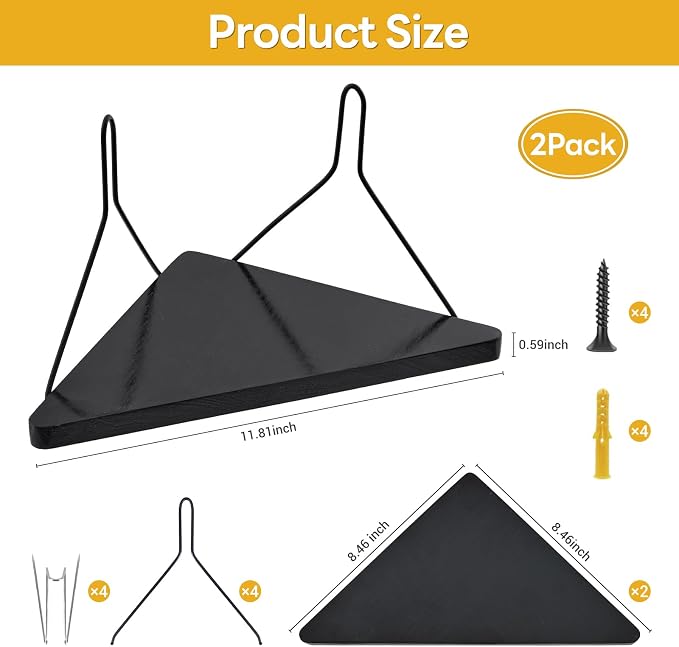 Fabric Wall Cubicle Corner Shelf with Hooks 11.8 Inch Wooden Triangular Cubicle Corner Shelf for Office Fabric Walls Display Storage Hanging Organizer for Work Decor Small Planter(Black，2 PCS)