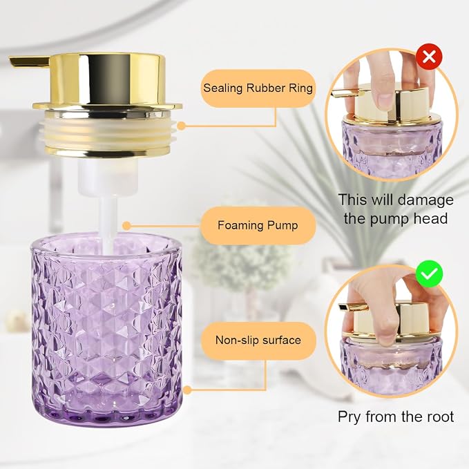 10 Oz Glass Hand Soap Dispenser with Pump, Refillable Bathroom Gold Foaming Soap Dispenser, Vintage Glass Diamond Lotion Container Bottle for Bathroom and Kitchen (1, Purple and Gold)