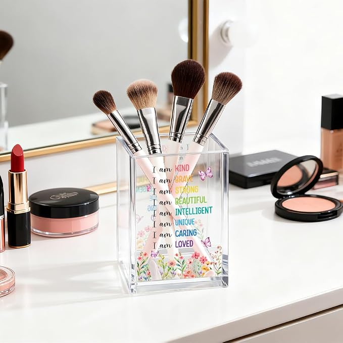 I Am Kind Acrylic Cosmetic Organizer Pen Holder, Inspirational Acrylic Desk Holder Cup for Pen Pencil, Affirmations Desk Organizer for Daughter, Mental Health Gifts for Women Office Worker