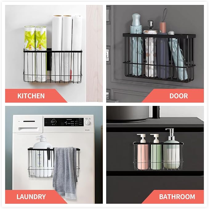Magnetic Basket Organizers, Dryer Ball Holder Laundry Room Organization Whiteboard Metal Wire Basket with Hooks, Space-Saving Fridge Spice Rack for Sponge Recipe Wrap