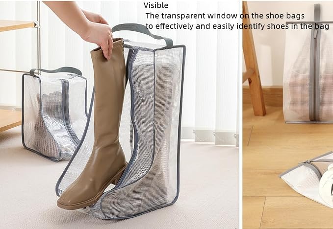 Rikyo 2 Set Shoe Storage,Portable Short Boots & Tall Boots Storage | Gray Edge Protector Bag, Shoe Dust Bags & Sleeves for Travel,Clear Boots Cover, Shoes Packing Organizers for Adult Sneakers