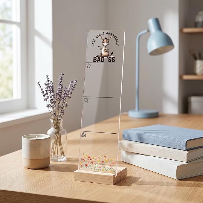 Sticky Note Holder, Monitor Memo Board, Acrylic Post It Note Holder with Wooden Base, Includes 200 Notes, Desk Organizer, Funny Donkey Quote “Sass, Class, and Totally Badass”
