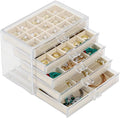 CLUQMEIK Acrylic Jewelry Organizer Box with 5 Drawers, 50 Grids Clear Earring Box Organizer with Adjustable Velvet Trays, Jewelry Storage Organizer for Women Girls, Beige