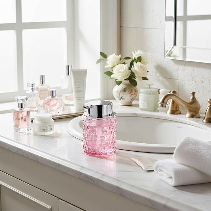 10 Oz Glass Hand Soap Dispenser with Pump, Refillable Bathroom Gold Foaming Soap Dispenser, Vintage Glass Diamond Lotion Container Bottle for Bathroom and Kitchen (1, Pink and Silver)