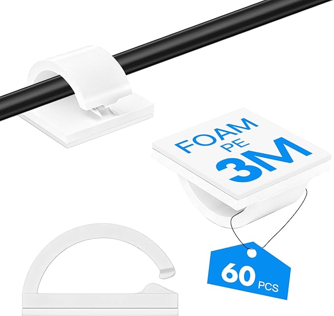 60 pcs Adhesive Cable Clips, White Small, Cord Holder, Cord Clips for Wires on wall, Ethernet Cable, Christmas Lights, USB, Phone Chargers, TV, Desk, nightstand, Car, Office