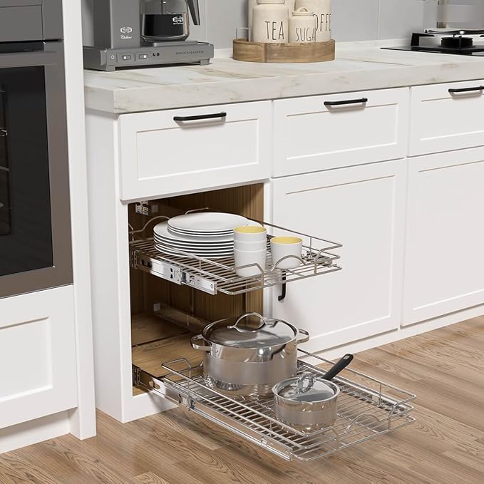 OCG 2 Tier Pull Out Cabinet Organizer (15.5" W x 18" D), Pull Out Drawers for Kitchen Cabinets, Pull Out Shelves for Base Cabinet Organization in Kitchen Bathroom Pantry, Chrome Finish