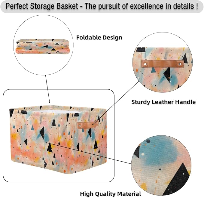 Rectangular Storage Baskets Abstract Colored Triangle Fabric Storage Bin Toy Organizer Box with PU Leather Handles for Room Decor