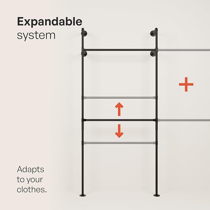 pamo Industrial Clothing Rack Wall Mounted Black – 41" W × 87" H, 441 lbs | Heavy Duty Pipe Closet System in Black Powder Coated Steel, Scratch-Resistant, Double Rod, Easy Assembly, Closet Organizer