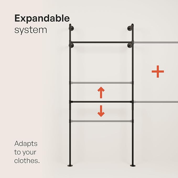 pamo Industrial Clothing Rack Wall Mounted Black – 79" W × 87" H, 660 lbs | Metal Pipe Style Wall Mounted Wardrobe - Heavy Duty Open Dressing Room - Bedroom, Entryway or Shop