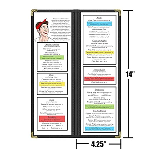Goodsmart Restaurant Menu Covers - 25 Pack Black 2 Pages / 4 Views 4.25" x 14", Top-Loading Vinyl Menu Holders with Clear Sleeves, Double-Stitched Edge, Leather-Style Café Covers with Gold Corners