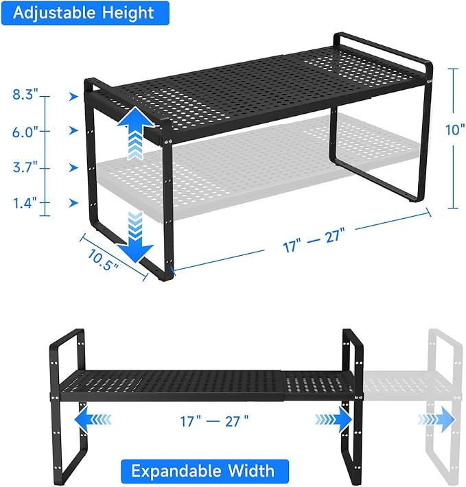 Expandable Cabinet Shelf Organizers, Kitchen Small Stand Rack Organization for Countertop Cupborad Pantry Desktop Spice Rack, Black 1 Pack