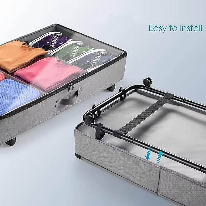 Under Bed Storage with Wheels 2 Pack, Rolling Under-Bed Metal Drawer, Low-Profile Organizer Bin for Clothes, Shoes & Blankets