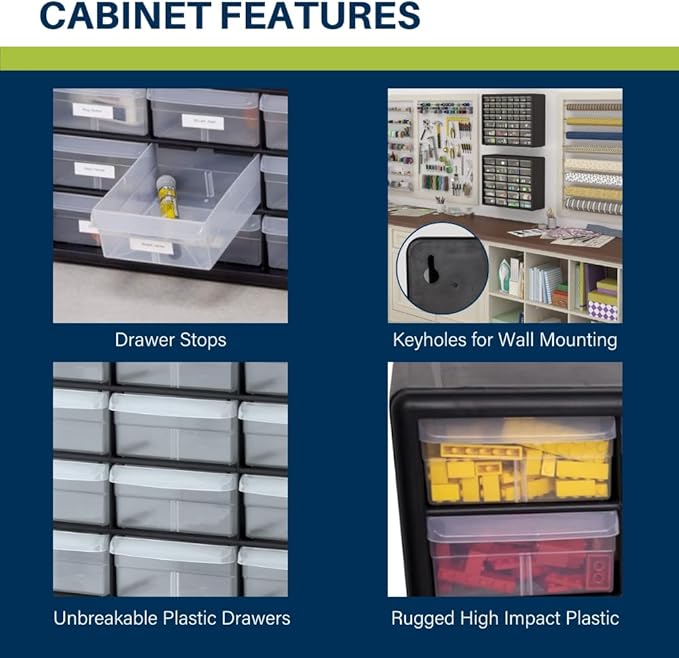 Akro-Mils 24-Drawer Plastic Drawer Storage Cabinet for Garage Organization, Bead Organizer, Building Bricks Storage, Teacher Toolbox, Makeup Organizer, 20-Inch W x 6-Inch D x 16-Inch H, 10124 Red