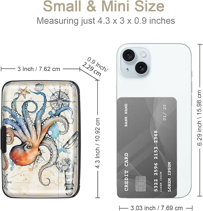 Coco Rossi Credit Card Holder RFID Aluminum Small Mini Wallet Women | Metal Wallet, Business Cards Holder, ID Case, Slim Sleeves, Womens Girls Gift, Carry Proof Wallets for Travel, Octopus