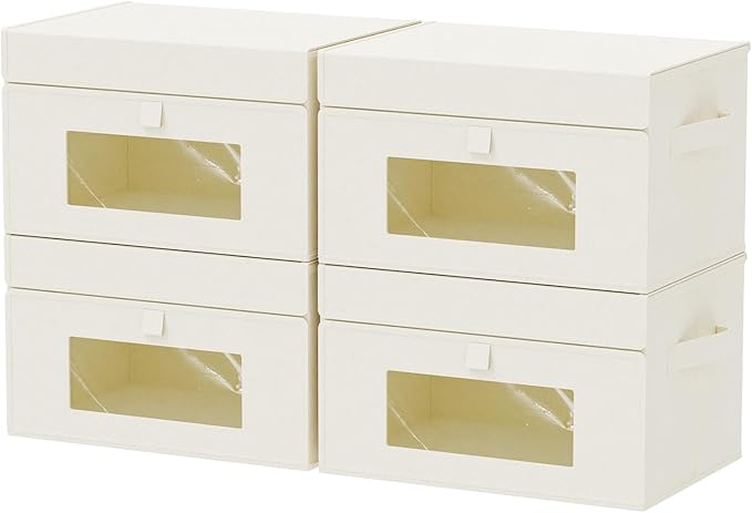 Transparent Window Storage Bin, Cube Organizer Basket with Flip-Top Lid and 2 Handles, Decorative Boxes with Cover, 4 Pack, Beige, 13 x 9 x 7.9 In, XSNY17BEM-4