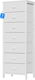 Furnulem White Tall Dresser for Bedroom, Chest of Drawer with Fabric Drawer | Tall Skinny Dresser with 7 Drawers, Metal Frame, Wooden Top, Dorm Vertical Closet, Bedside Furniture in Living Room
