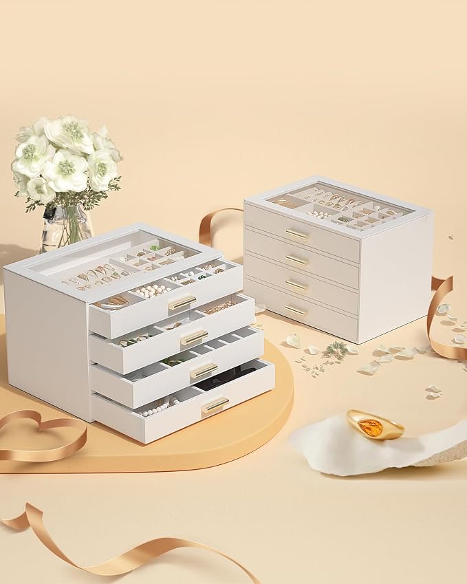 AKOZLIN Jewelry Box with Clear Lid Functional Leather Jewelry Storage Organizer Case 4 Drawers for Women Girls Necklace Ring Bracelet Earring