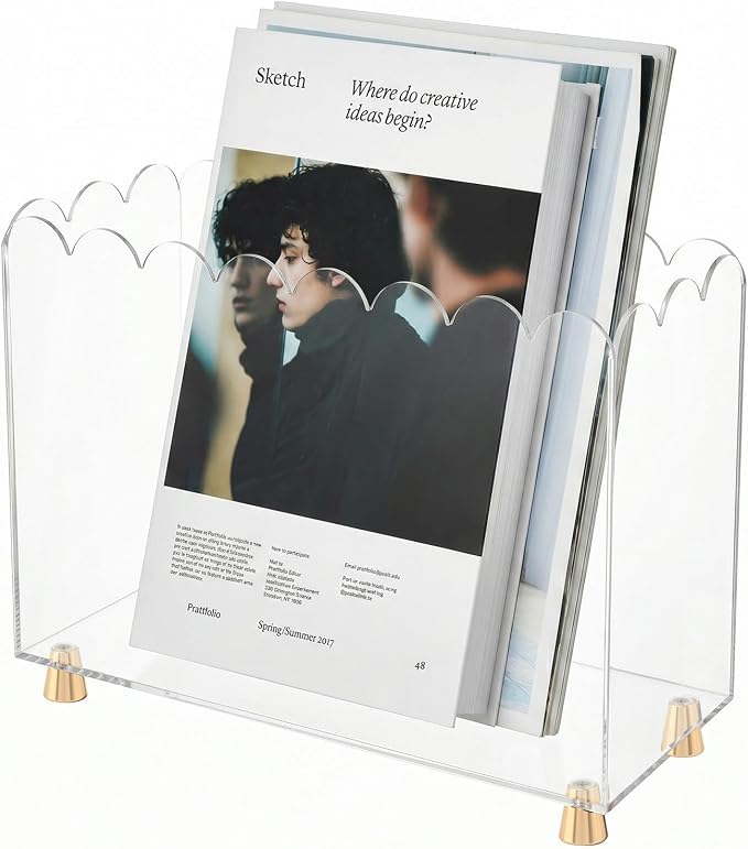 Acrylic Magazine Holder, Clear Acrylic Magazine File Holder, Acrylic Magazine Rack Floor with Curved Edge and Gold Metal Feet, Space Saving Organizer for Books, Magazines, Mail, Documents